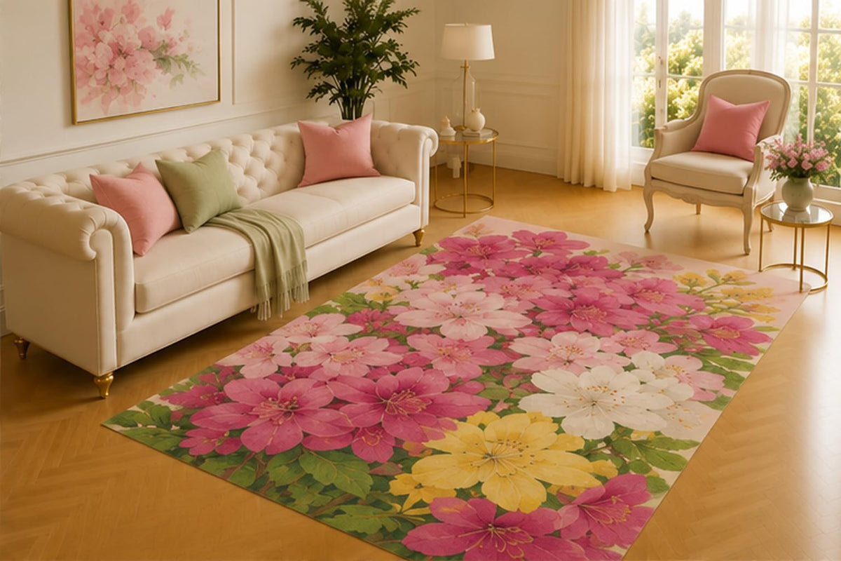 ICE ARMOR 5' x 7' Azalea Garden Rug, Abundant Rose, Blush, Ivory and Golden Blooms Framed by Fresh Leaves, Cheerful Decor for Sunroom, Nursery or Sitting Area