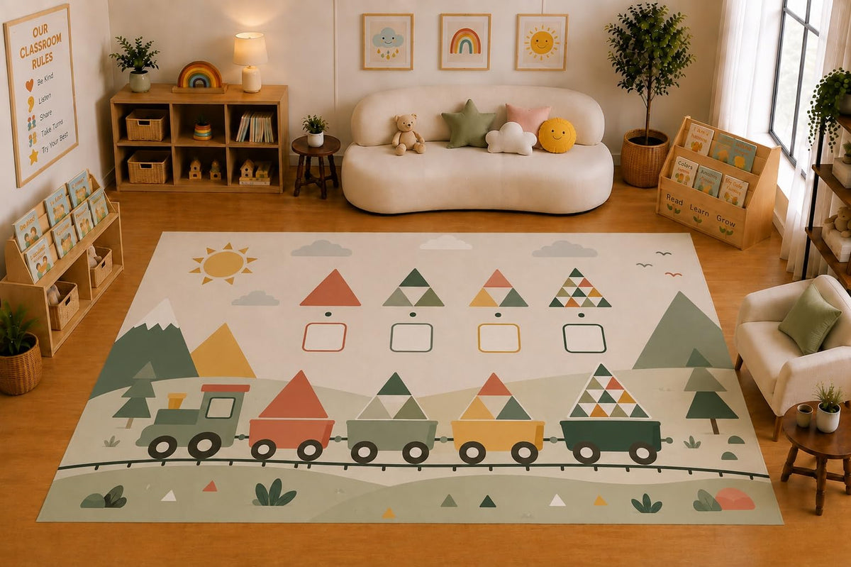 ICE ARMOR Large 6'7" x 9'10" Shape Train Learning Activity Area Rug for for Kids Room, Classroom, Bedroom, Playroom Decor, Soft Low Pile Indoor Rug with Non-Slip Silicone Backing, Sage Cream