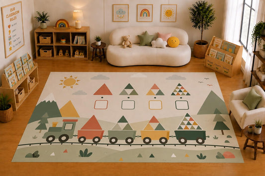 ICE ARMOR Large 6'7" x 9'10" Shape Train Learning Activity Area Rug for for Kids Room, Classroom, Bedroom, Playroom Decor, Soft Low Pile Indoor Rug with Non-Slip Silicone Backing, Sage Cream