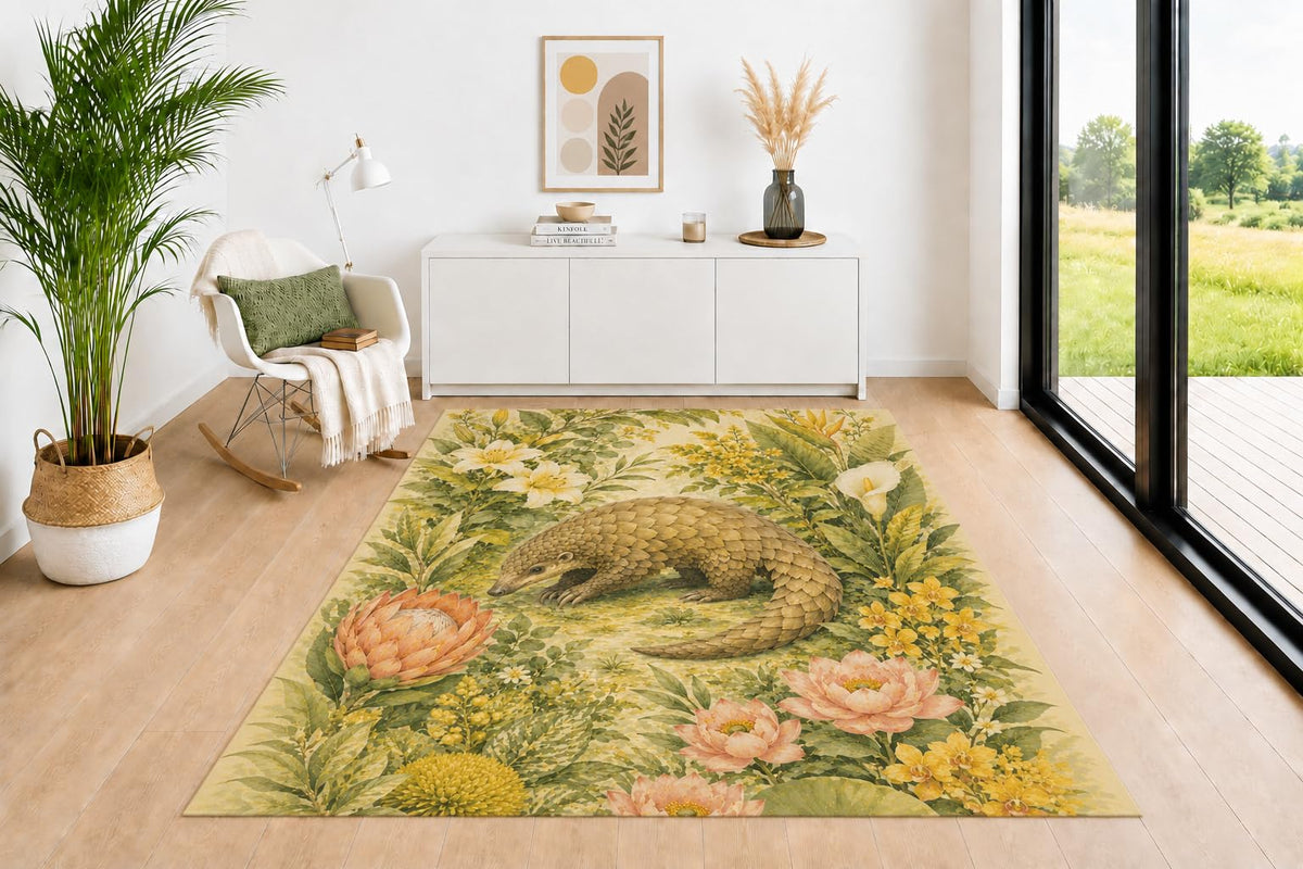 ICE ARMOR 5' x 7' Pangolin Garden Area Rug for Living Room, Soft Low Pile Indoor Rug with Non-Slip Backing, Wildlife Carpet for Bedroom, Dining Room, Office, Green Beige