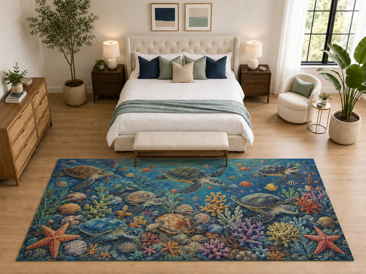 ICE ARMOR "Ultra Light Weight Large 6'7" x 9'10" Sea Turtle Reef Rug Kids Room, Soft Low Pile Indoor Rug and Non-Slip Silicone Backing, Deep Blue