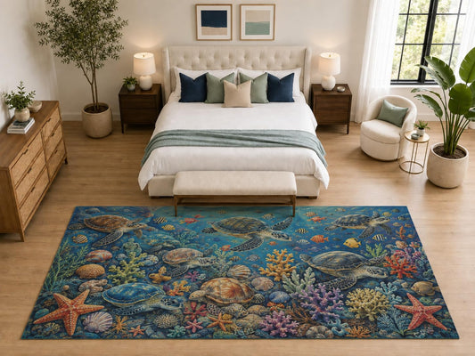 ICE ARMOR "Ultra Light Weight Large 6'7" x 9'10" Sea Turtle Reef Rug Kids Room, Soft Low Pile Indoor Rug and Non-Slip Silicone Backing, Deep Blue
