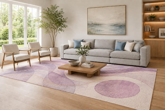 ICE ARMOR Large 6'7" x 9'10" Lavender and Cream Orbit Waves Area Rug for Living Room, Soft Low Pile Carpet with Non-Slip Silicone Backing, Decor for Bedroom, Dining Area and Home Office