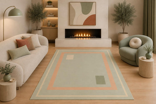 ICE ARMOR 5' x 7' Modern Geometric Sage Green Peach Area Rug Minimalist Abstract Design for Living Room Bedroom Dining Room Non-Slip Silicone Backing Low Pile