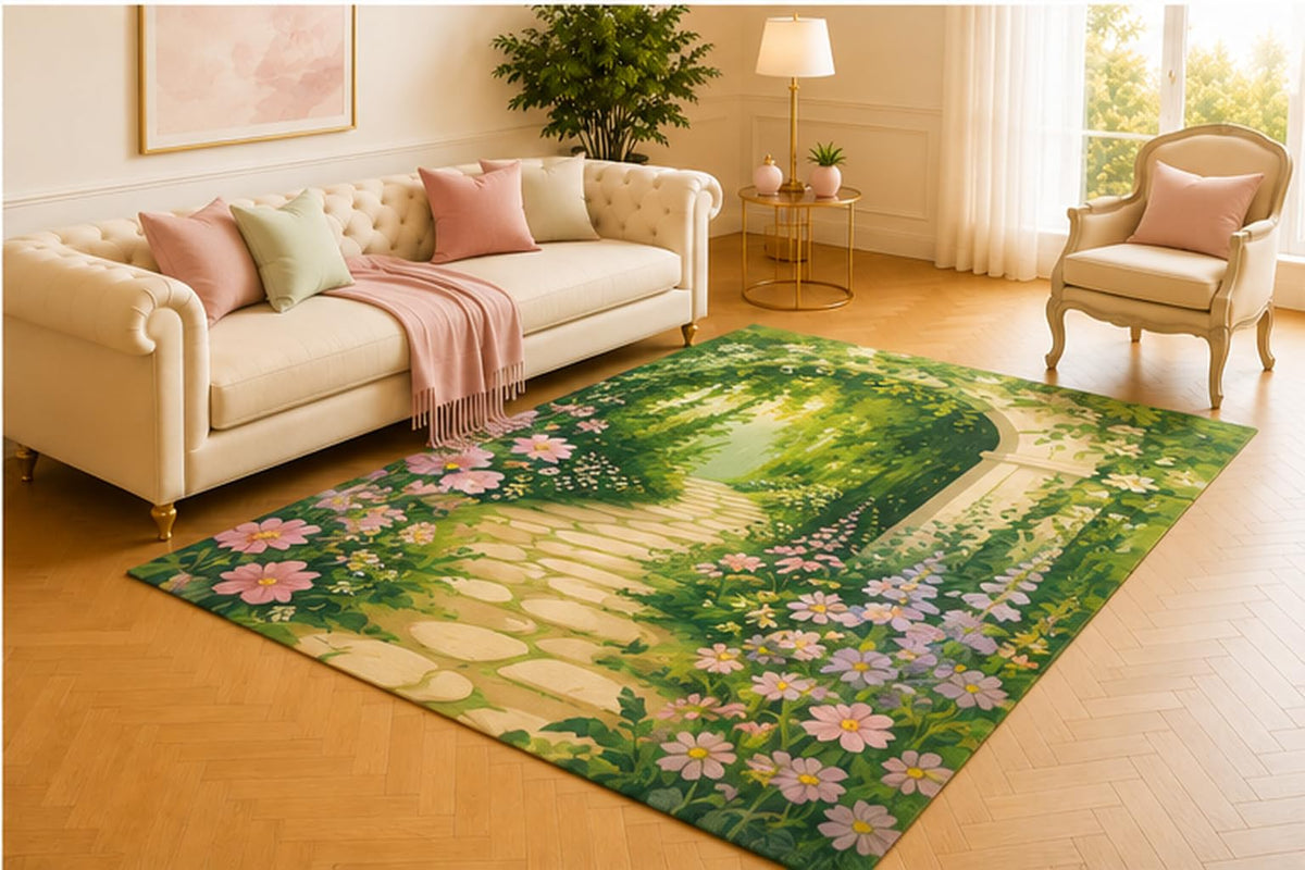 ICE ARMOR 5' x 7' Garden Archway Rug, Pink and Lavender Flowers Along a Sunlit Stone Path, Romantic Decor for Living Room, Bedroom, Sunroom or Entryway