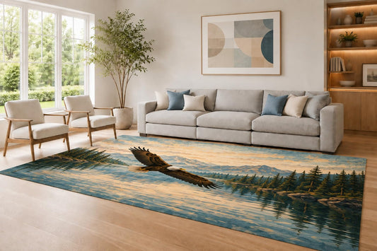 ICE ARMOR Large 6'7" x 9'10" Blue and Cream Lake Flight Area Rug for Living Room, Soft Low Pile Carpet with Non-Slip Silicone Backing, Decor for Bedroom Dining Room and Home Office
