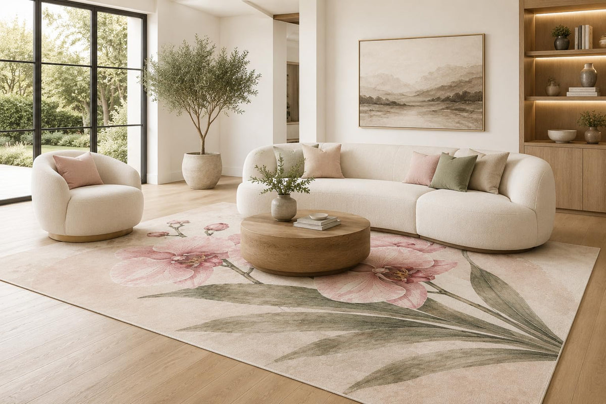 ICE ARMOR 6'7" x 9'10" Ivory Blush and Sage Orchid Area Rug with Large Pink Flowers and Long Green Leaves, Soft Low Pile Non-Slip Indoor Carpet for Living Room and Bedroom