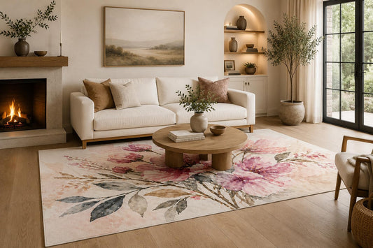 ICE ARMOR 6'7" x 9'10" Pink, Mauve and Cream Watercolor Garden Blooms Area Rug for Living Room, Soft Low Pile with Non-Slip Backing, Bedroom, Dining Area and Office Decor