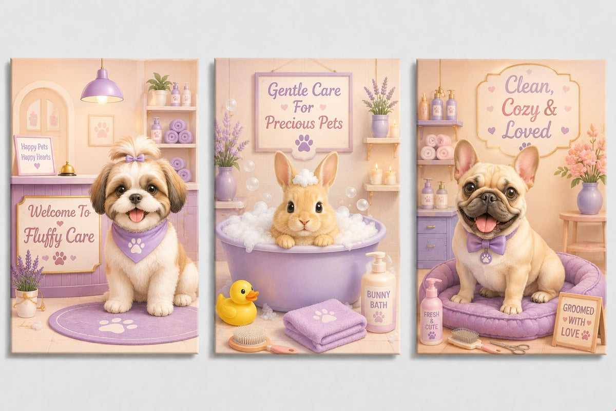 ICE ARMOR Large Set of 3 Lavender Pet Grooming Salon Wall Art Shih Tzu Bunny and Pug Canvas Prints Cute Animal Spa Decor for Bathroom Nursery Room 16x24 Inch Frameless Canvas Print - Ready to hang