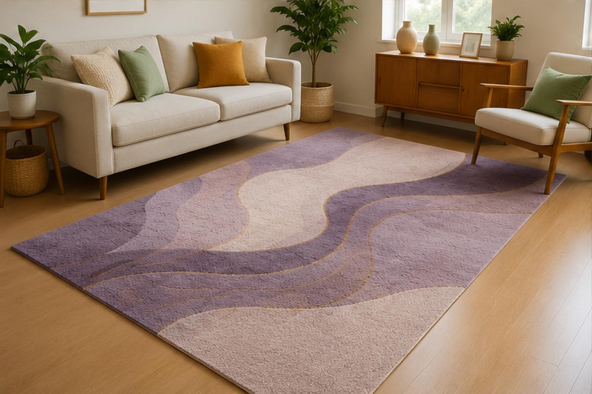 ICE ARMOR 5' x 7' Abstract Lavender Wave Area Rug for Living Room, Soft Low Pile Indoor Rug with Non-Slip Silicone Backing, Contemporary Carpet for Bedroom, Office, Family Room, Lavender Purple