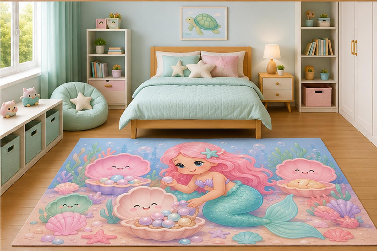 ICE ARMOR 5' x 7' Mermaid Collecting Pearls with Smiling Seashells Area Rug for Girls Bedroom Nursery Playroom Scandinavian Minimalist Ocean Decor Non-Slip Silicone Backing Low Pile