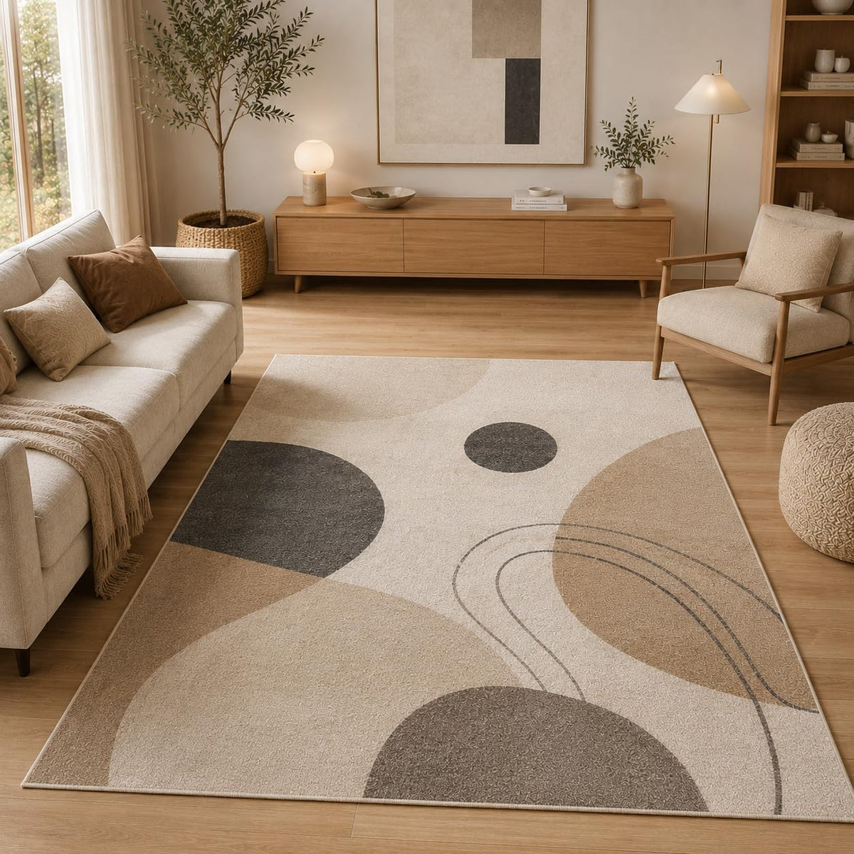 ICE ARMOR 5' x 7' Modern Abstract Circles Area Rug, Soft Low Pile Indoor Rug with Non-Slip Silicone Backing, Contemporary Carpet for Living Room, Bedroom, Office, Family Room, Beige Gray