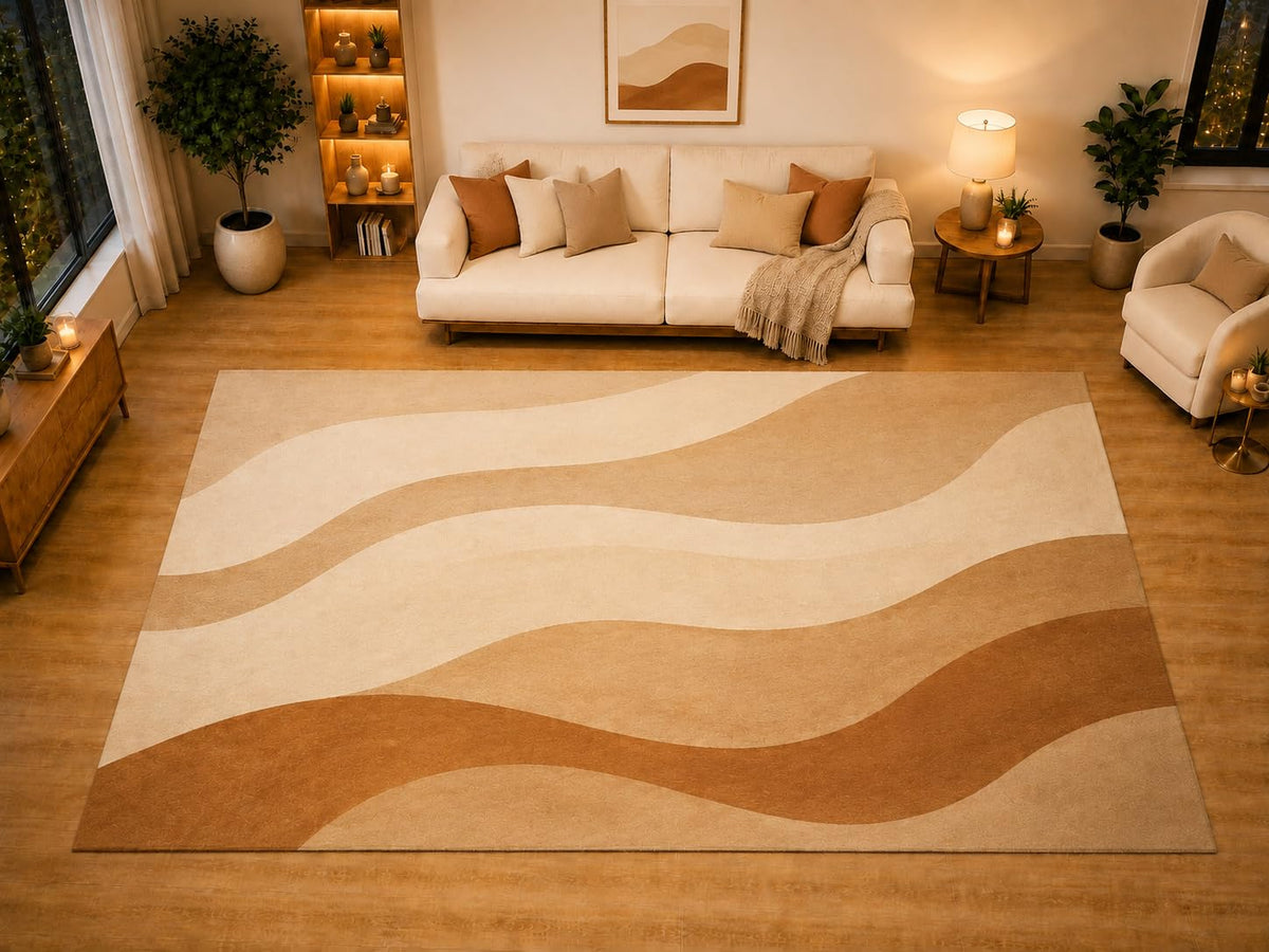 ICE ARMOR "Ultra Light Weight Large 6'7" x 9'10" Undulating Sand Ribbons Area Rug for Living Room, Bedroom, Dining Room, Soft Low Pile Non-Slip Backing, Camel Ivory