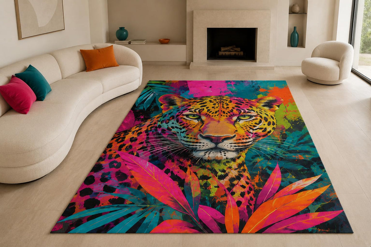 ICE ARMOR "Ultra Lightweight Large 6'7" x 9'10" Pop Art Leopard Area Rug for Living Room, Bedroom and Home Office, Soft Low Pile Carpet with Non-Slip Silicone Backing, Pink and Teal