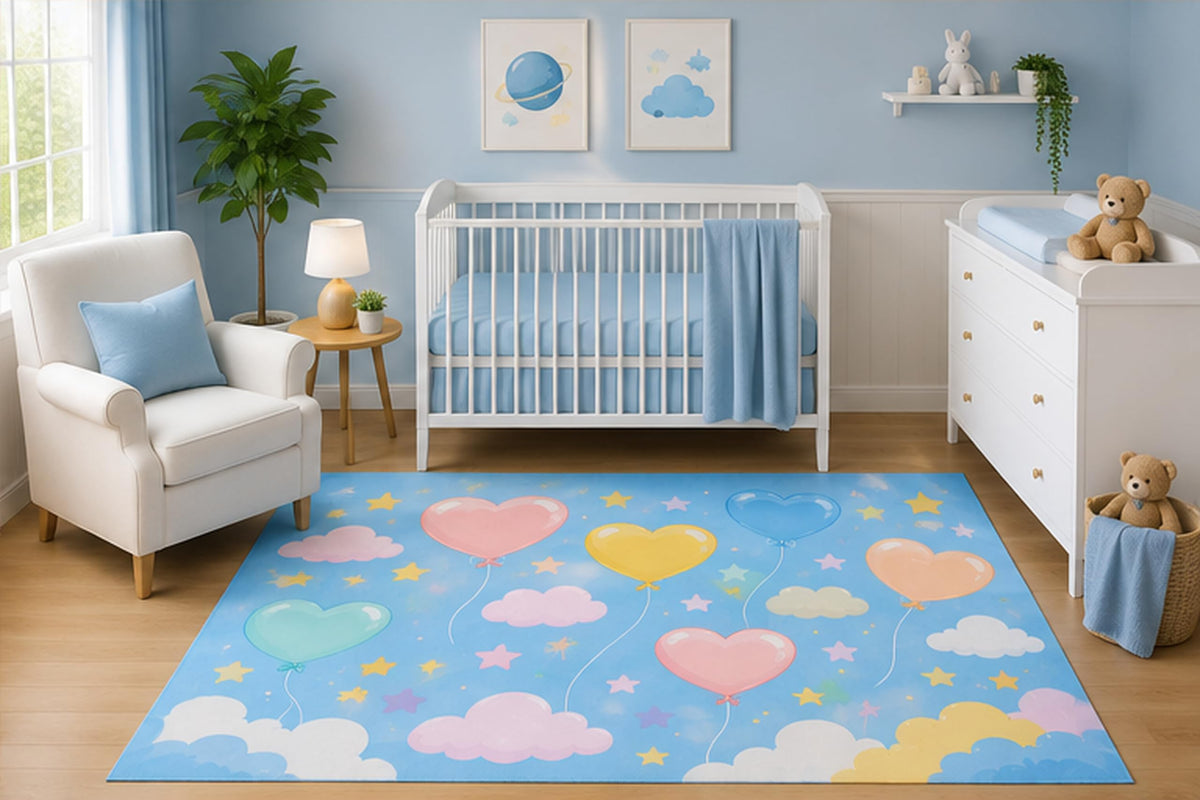 ICE ARMOR 5' x 7' Pastel Heart Balloon Area Rug for Nursery Room, Cute Clouds and Stars Sky Design for Baby Boy and Girl Bedroom Playroom Decor, Non-Slip Silicone Backing Low Pile