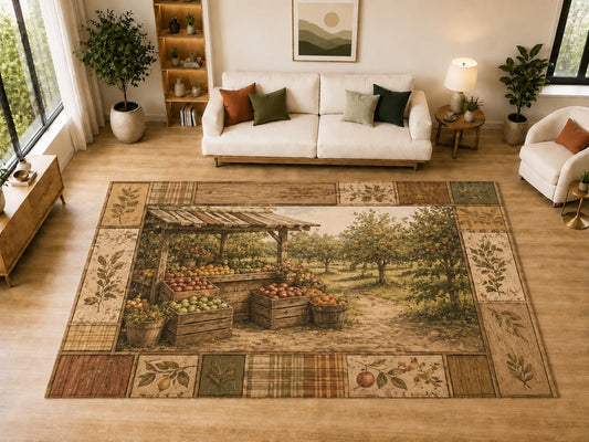 ICE ARMOR "Ultra Light Weight Large 6'7" x 9'10" Orchard Fruit Stand Patchwork Area Rug for Living Room, Bedroom, Dining Room, Soft Low Pile Non-Slip Backing, Brown Green
