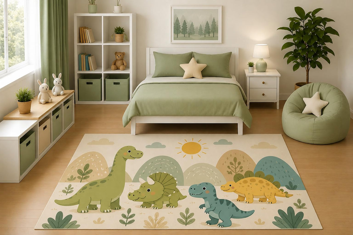 ICE ARMOR 5' x 7' Pastel Dinosaur Landscape Area Rug Minimalist Prehistoric Nature Kids Bedroom Nursery Playroom Decor for Boys Toddler Room Non-Slip Silicone Backing Low Pile