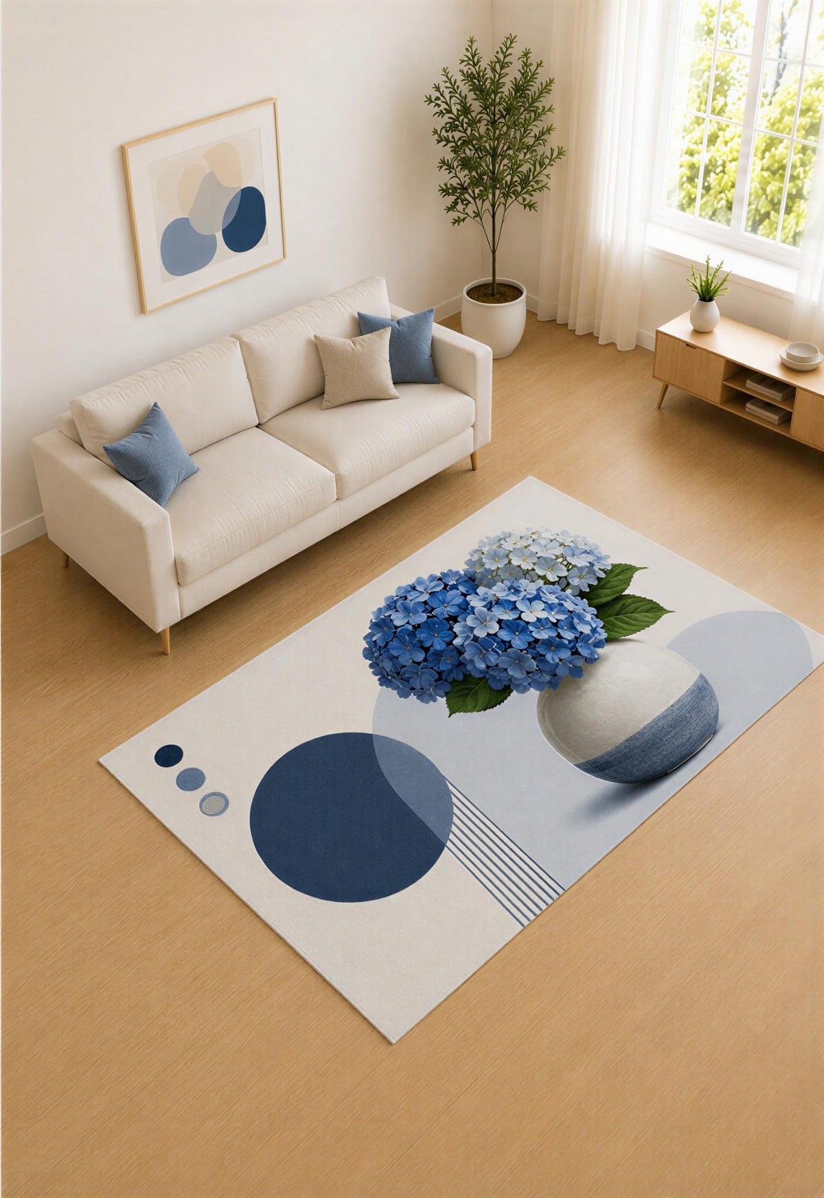 ICE ARMOR 5' x 7' Navy Blue and Ivory Hydrangea Vase Area Rug for Living Room, Soft Low Pile Carpet with Non-Slip Silicone Backing, Decor for Bedroom and Home Office