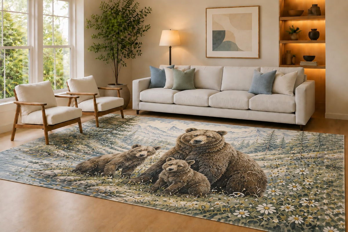 ICE ARMOR Large 6'7" x 9'10" Blue and Brown Bear Family Area Rug for Living Room, Soft Low Pile Carpet with Non-Slip Silicone Backing, Decor for Bedroom Dining Room and Home Office