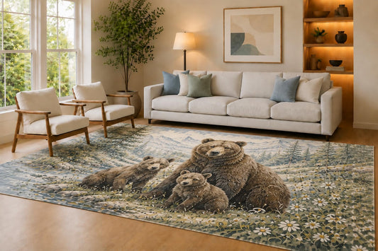 ICE ARMOR Large 6'7" x 9'10" Blue and Brown Bear Family Area Rug for Living Room, Soft Low Pile Carpet with Non-Slip Silicone Backing, Decor for Bedroom Dining Room and Home Office