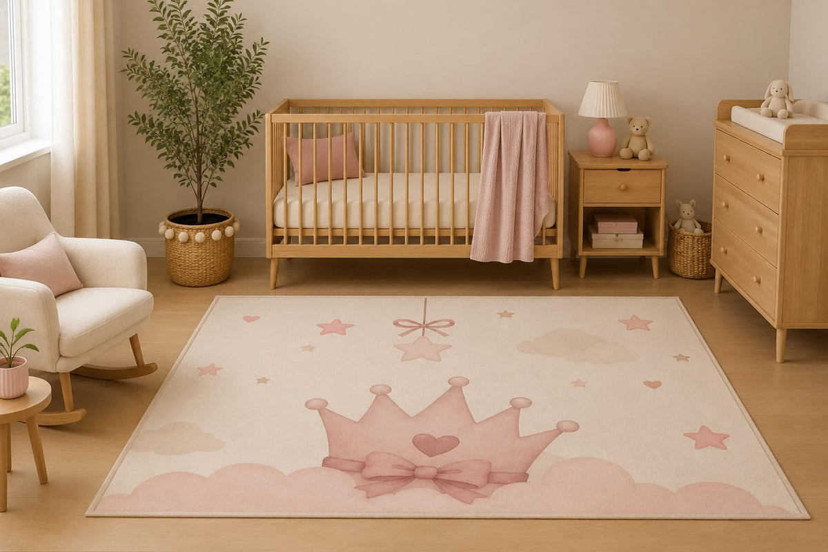 ICE ARMOR 5' x 7' Pink Princess Crown Nursery Area Rug, Cute Baby Girl Star Cloud Bedroom Playroom Decor, Non-Slip Silicone Backing Low Pile Carpet