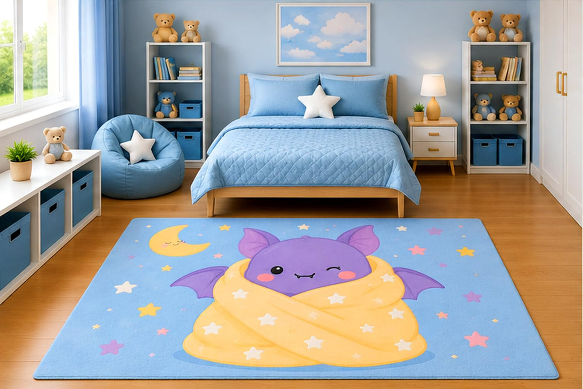 ICE ARMOR 5' x 7' Cute Baby Bat Wrapped in Cozy Blanket Area Rug for Kids Bedroom Nursery Playroom Scandinavian Minimalist Kawaii Celestial Decor Non-Slip Silicone Backing Low Pile