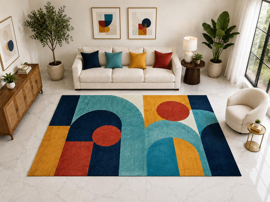 ICE ARMOR "Ultra Light Weight Large 6'7" x 9'10" Retro Geometric Area Rug Carpet Soft Low Pile Indoor Rug and Non-Slip Silicone Backing for Office Teal