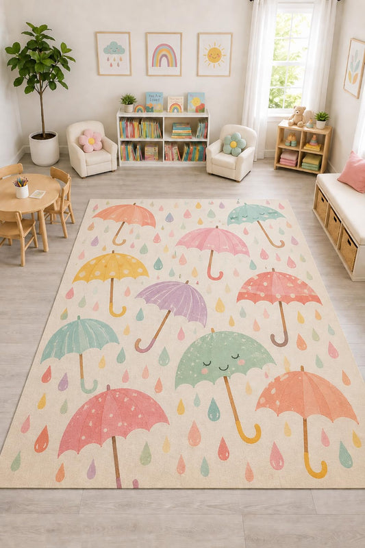 ICE ARMOR "Ultra Light Weight Large 6'7" x 9'10" Colorful Umbrella Rain Rug, Soft Low Pile Indoor Rug, Non-Slip Silicone Backing for Playroom Cream