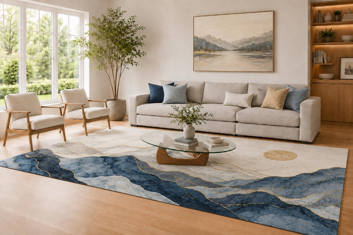 ICE ARMOR Large 6'7" x 9'10" Navy Blue and Cream Marble Waves Area Rug for Living Room, Soft Low Pile Carpet with Non-Slip Silicone Backing, Decor for Bedroom and Home Office