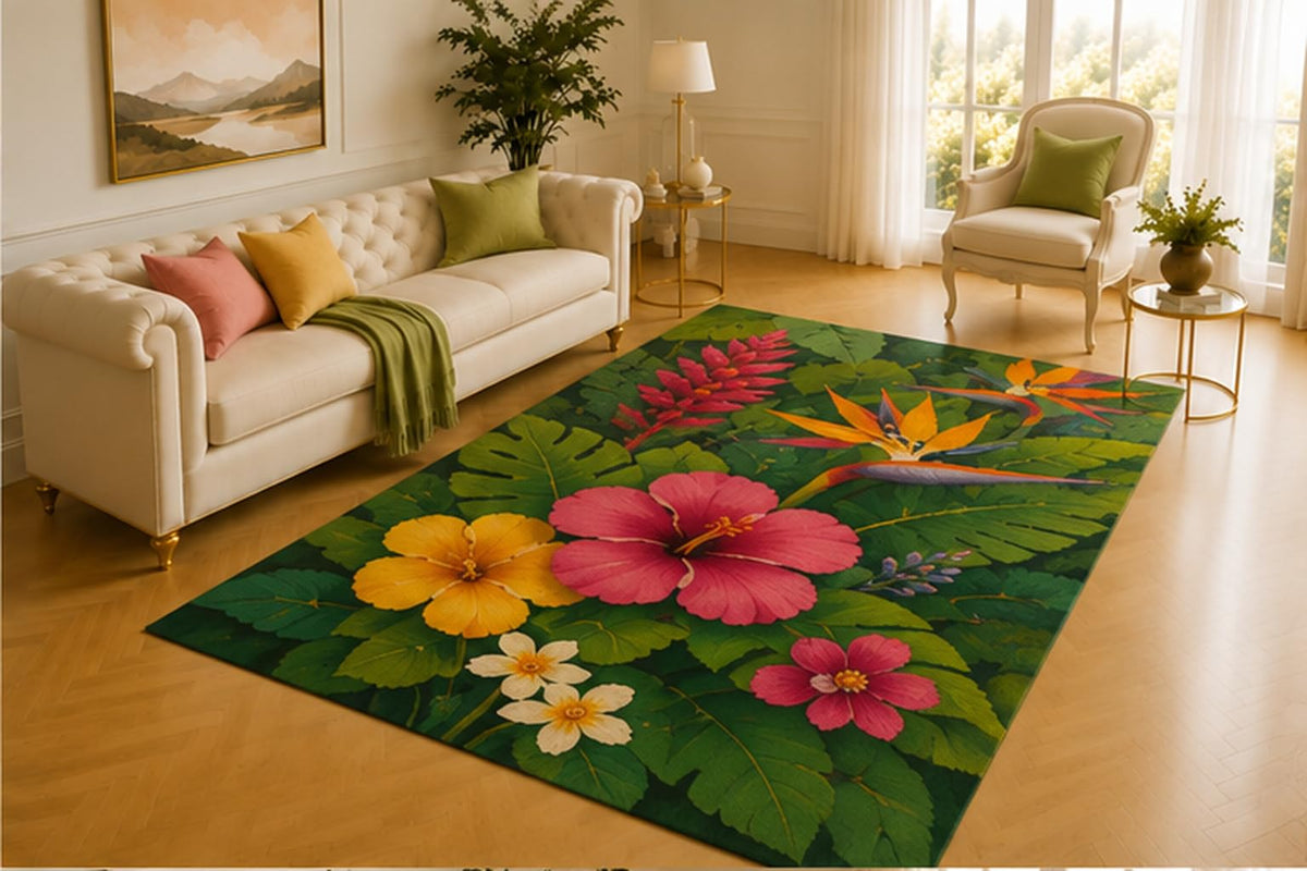 ICE ARMOR 5' x 7' Tropical Hibiscus Rug, Pink and Yellow Flowers with Bird of Paradise Leaves, Vibrant Botanical Decor for Living Room, Bedroom, Sunroom or Studio
