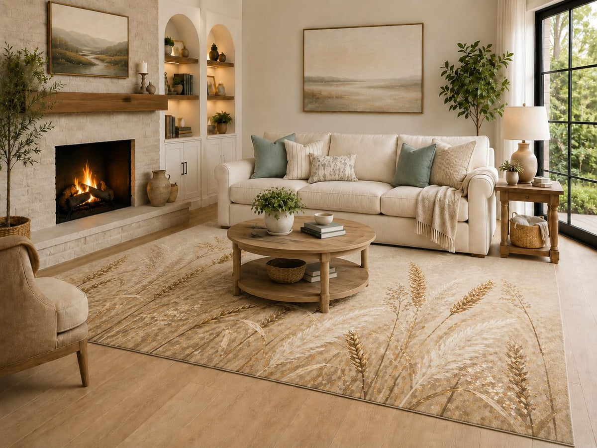 ICE ARMOR 6'7" x 9'10" Beige, Cream and Brown Neutral Wheat Meadow Area Rug for Living Room, Soft Low Pile with Non-Slip Backing, Bedroom, Dining Area and Office Decor