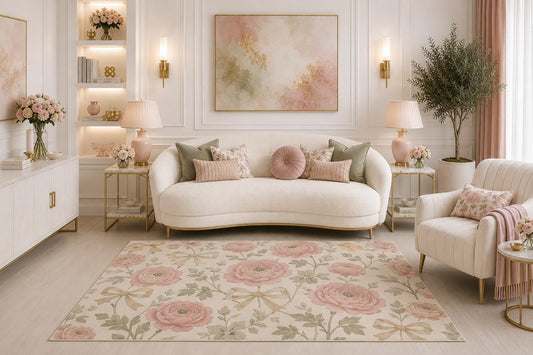 ICE ARMOR "Ultra Light Weight 5' x 7' Pink Rose Bow Floral Area Rug, Romantic Vintage Cottagecore Botanical Rug for Living Room Bedroom Nursery, Non-Slip Silicone Backing Low Pile