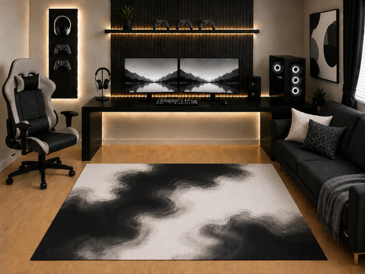 ICE ARMOR "Ultra Light Weight 5' x 7' Black White Marble Flow Area Rug Modern Abstract Smoky Ink Design for Bedroom Gaming Room Living Room Non-Slip Silicone Backing Low Pile