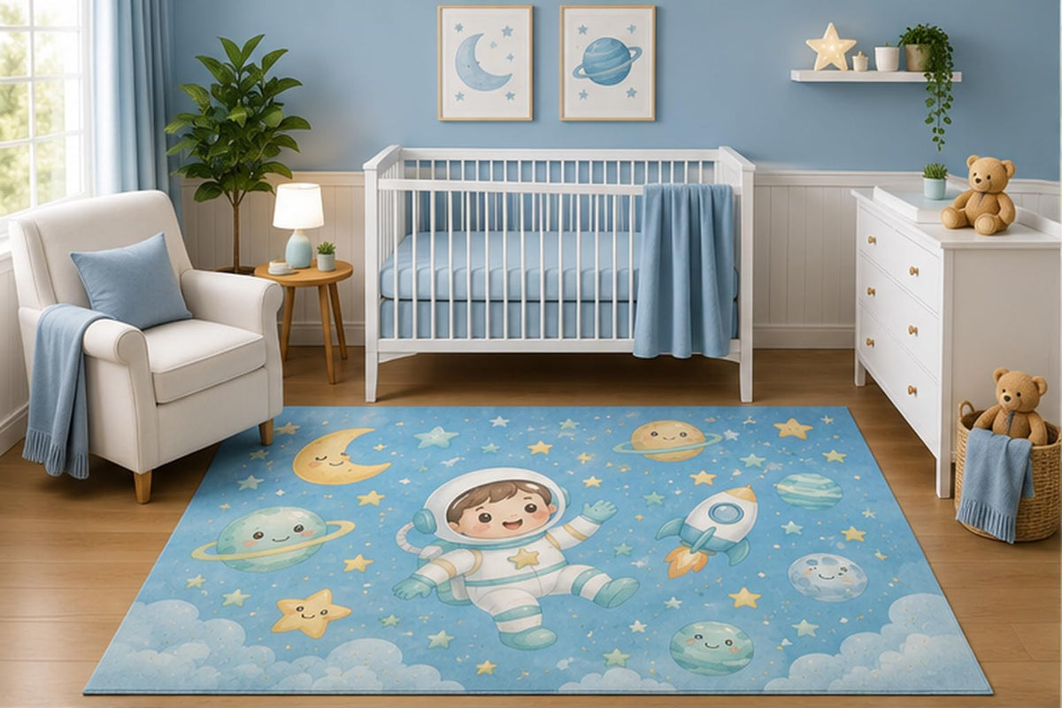 ICE ARMOR 5' x 7' Little Astronaut Area Rug for Nursery Room, Cute Space Rocket Planets Moon and Stars Galaxy Design for Baby Boy Bedroom Decor, Non-Slip Silicone Backing Low Pile