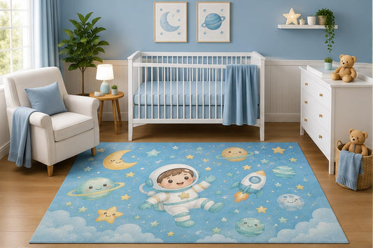 ICE ARMOR 5' x 7' Little Astronaut Area Rug for Nursery Room, Cute Space Rocket Planets Moon and Stars Galaxy Design for Baby Boy Bedroom Decor, Non-Slip Silicone Backing Low Pile