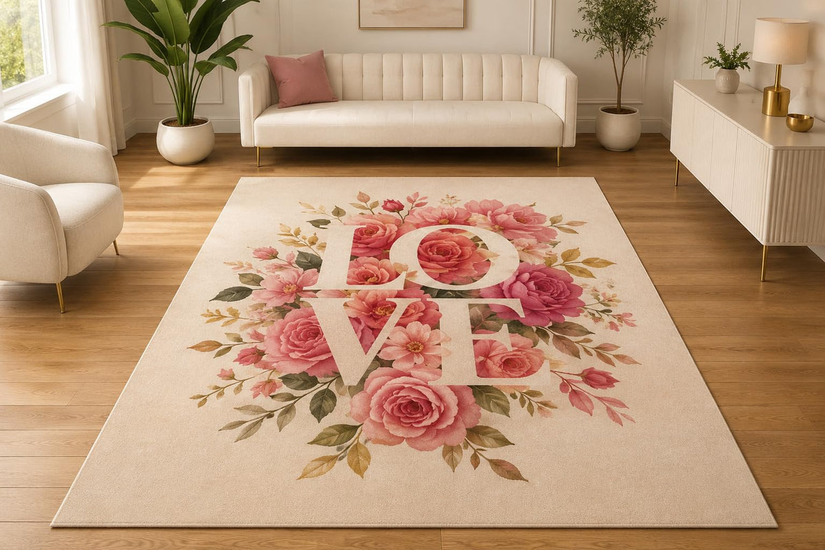 ICE ARMOR 5' x 7' Romantic Rose Bouquet Love Area Rug, Soft Low Pile Indoor Rug with Non-Slip Silicone Backing for Living Room, Bedroom, Office, Family Room, Cream Pink Rose