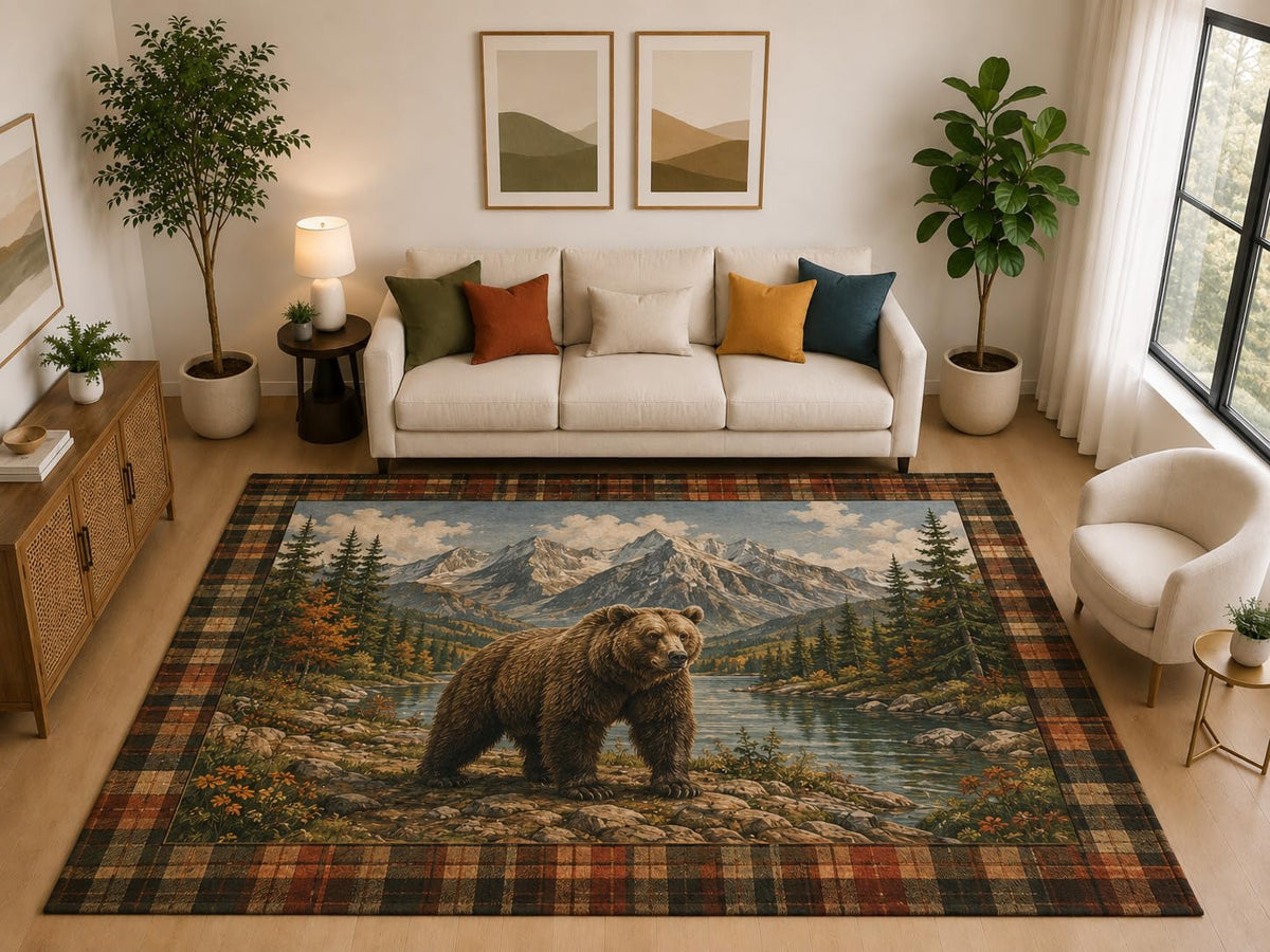 ICE ARMOR "Ultra Light Weight Large 6'7" x 9'10" Grizzly Lake Plaid Rug, Soft Low Pile Indoor Rug, Non-Slip Silicone Backing for Living Room Brown