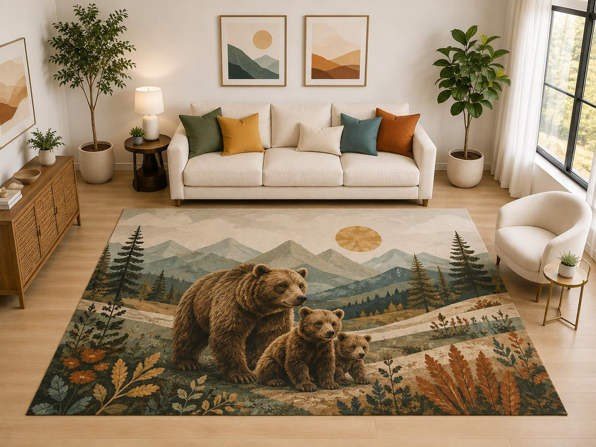 ICE ARMOR "Ultra Light Weight Large 6'7" x 9'10" Bear Family Meadow Rug, Soft Low Pile Indoor Rug, Non-Slip Silicone Backing for Bedroom Brown