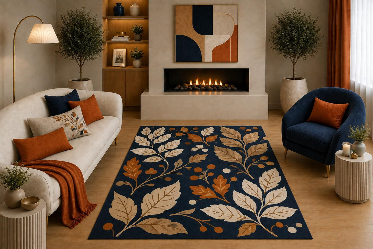 ICE ARMOR "Ultra Light Weight 5' x 7' Botanical Leaf Area Rug Navy Blue Rust Cream Fall Foliage Nature Design for Living Room Bedroom Dining Room Office Non-Slip Silicone Backing Low Pile
