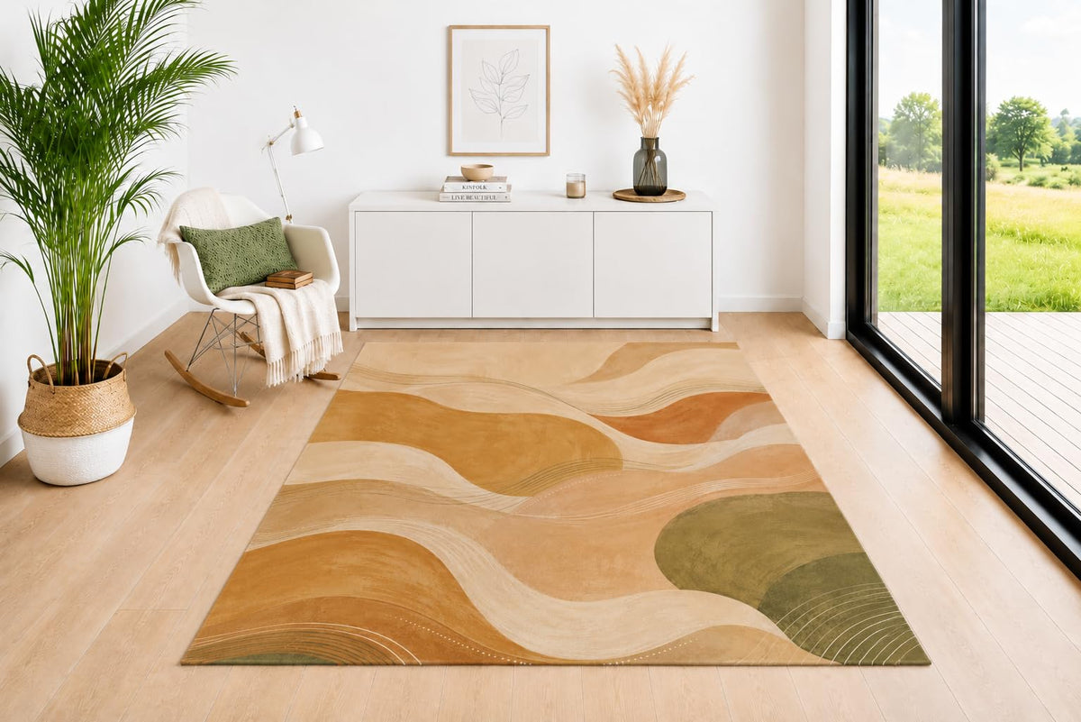ICE ARMOR 5' x 7' Flowing Lines Area Rug, Modern Earth Tone Pattern in Olive Green Brown Terracotta Beige and Cream, Soft Low Pile Carpet for Living Room Bedroom Office Decor