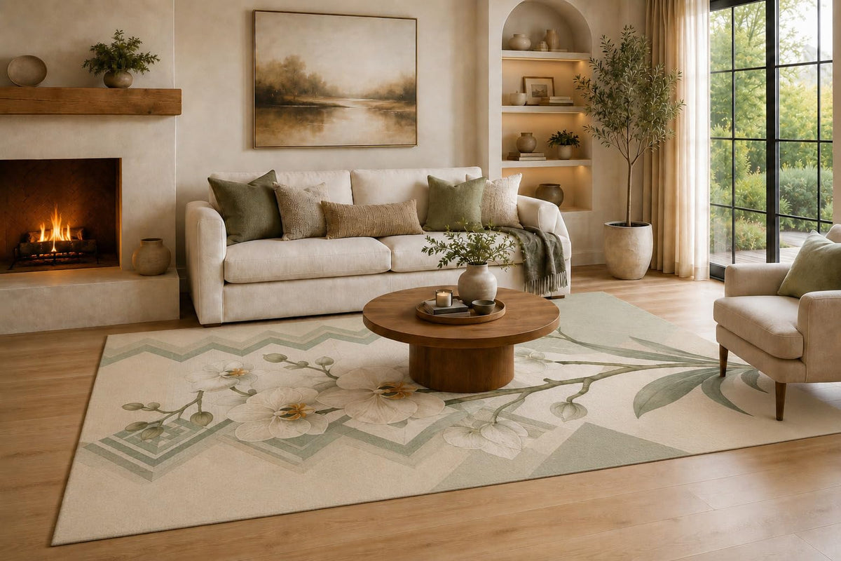 ICE ARMOR Large 6'7" x 9'10" Cream, Sage Green and Beige Orchid Mosaic Area Rug for Living Room, Soft Low Pile Carpet with Non-Slip Silicone Backing, Decor for Bedroom, Dining Area and Home Office