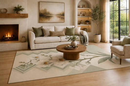 ICE ARMOR Large 6'7" x 9'10" Cream, Sage Green and Beige Orchid Mosaic Area Rug for Living Room, Soft Low Pile Carpet with Non-Slip Silicone Backing, Decor for Bedroom, Dining Area and Home Office