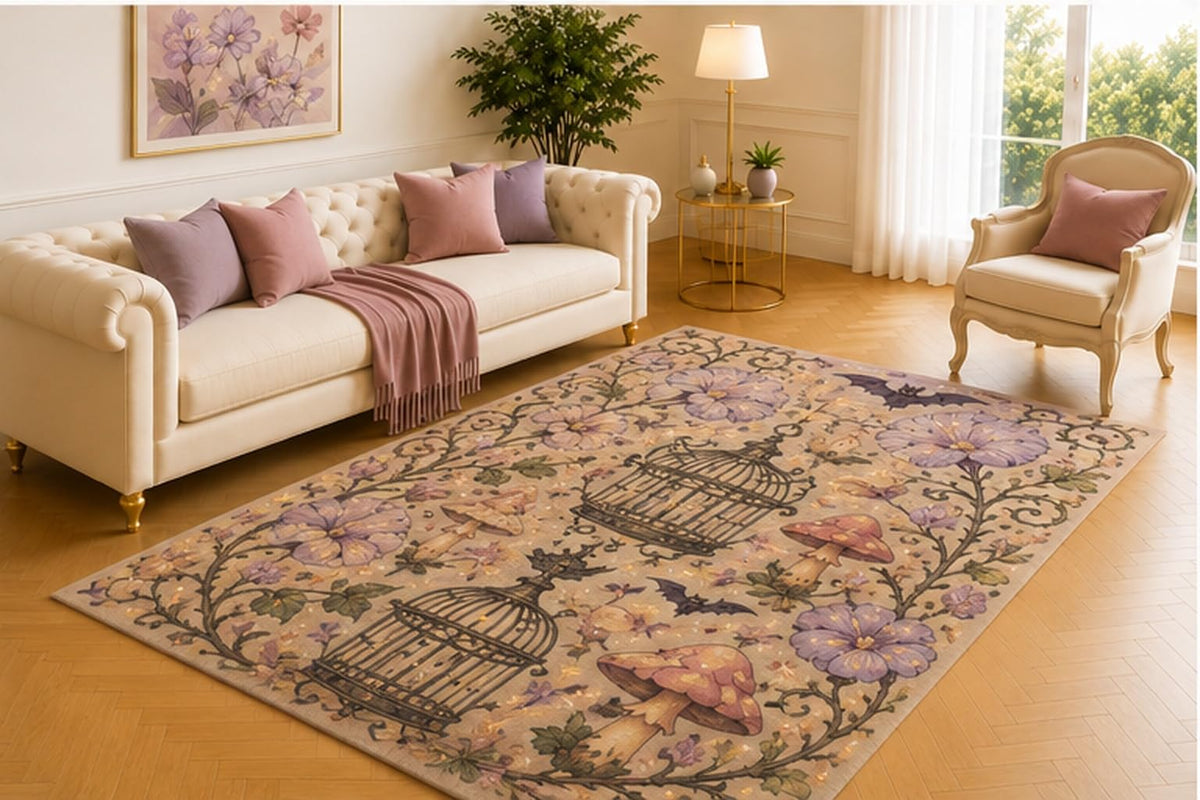ICE ARMOR 5' x 7' Enchanted Birdcage Floral Rug, Soft Beige Design with Purple Blossoms, Mushrooms and Bats, Whimsical Floor Decor for Bedroom, Study or Guest Room