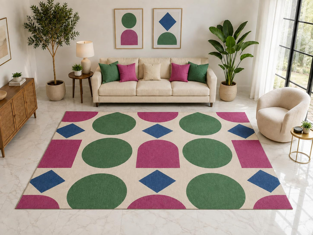 ICE ARMOR "Ultra Light Weight Large 6'7" x 9'10" Playful Geometric Area Rug Carpet Soft Low Pile Indoor Rug and Non-Slip Silicone Backing Green