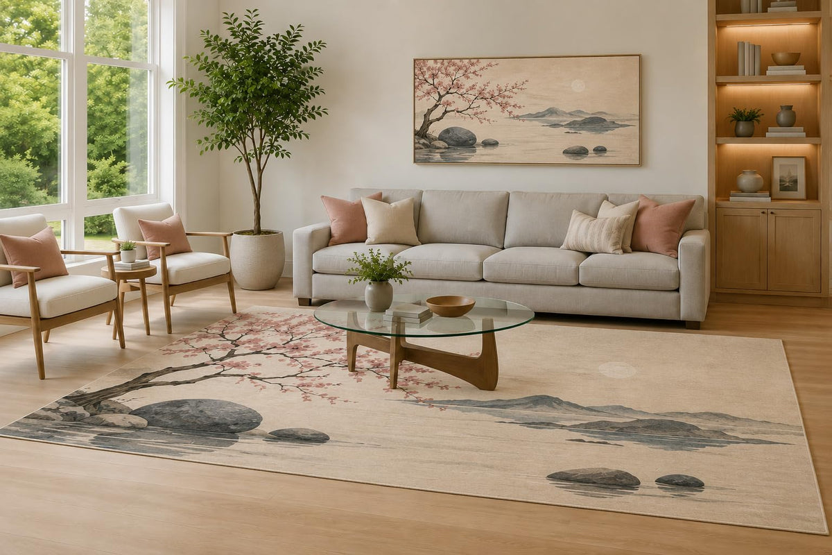 ICE ARMOR Large 6'7" x 9'10" Blush Pink and Beige Cherry Blossom Area Rug for Living Room, Soft Low Pile Carpet with Non-Slip Silicone Backing, Decor for Bedroom and Home Office