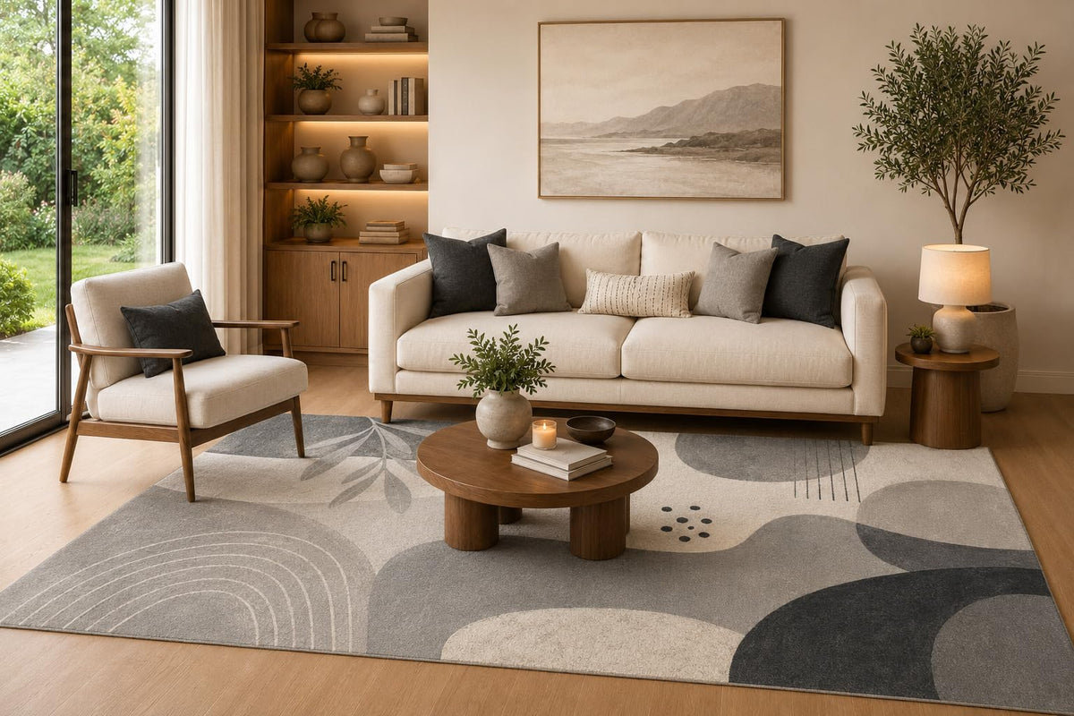 ICE ARMOR 6'7" x 9'10" Gray, Charcoal and Cream Modern Botanical Shapes Area Rug for Living Room, Soft Low Pile Carpet with Non-Slip Backing, Floor Decor for Bedroom, Dining Room and Home Office