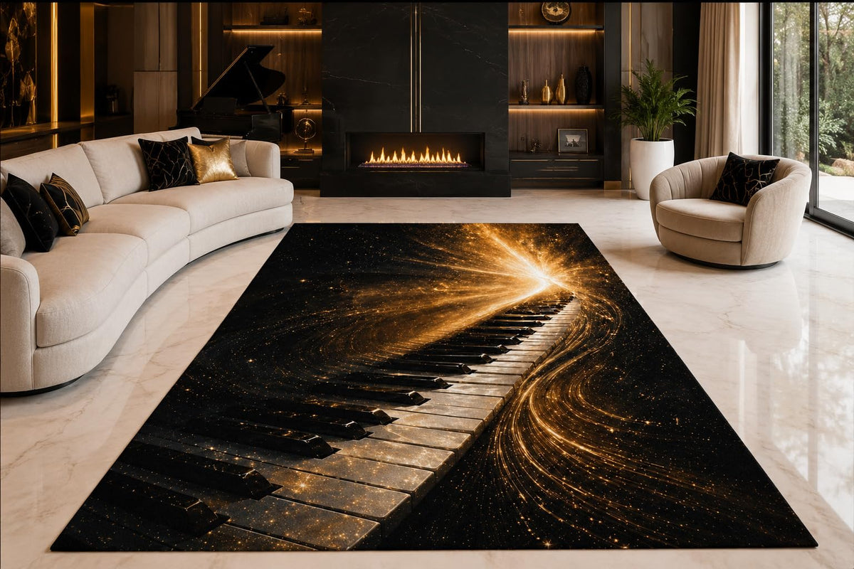 ICE ARMOR "Ultra Lightweight Large 6'7" x 9'10" Piano Trail Area Rug for Living Room, Bedroom and Home Office, Soft Low Pile Carpet with Non-Slip Silicone Backing, Black and Golden Color