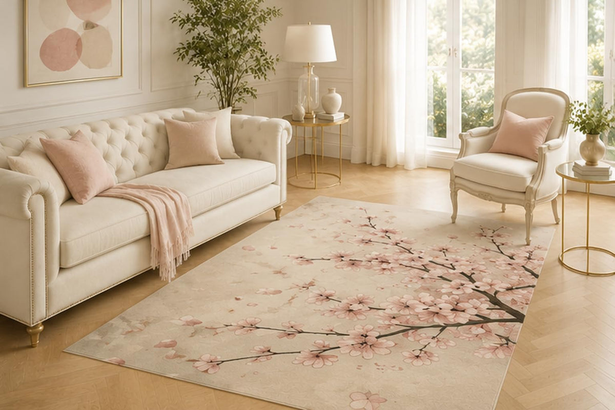 ICE ARMOR 5' x 7' Cherry Blossom Branch Area Rug for Living Room, Soft Low Pile Indoor Carpet with Non-Slip Backing for Bedroom, Dining Room, Office, Pink