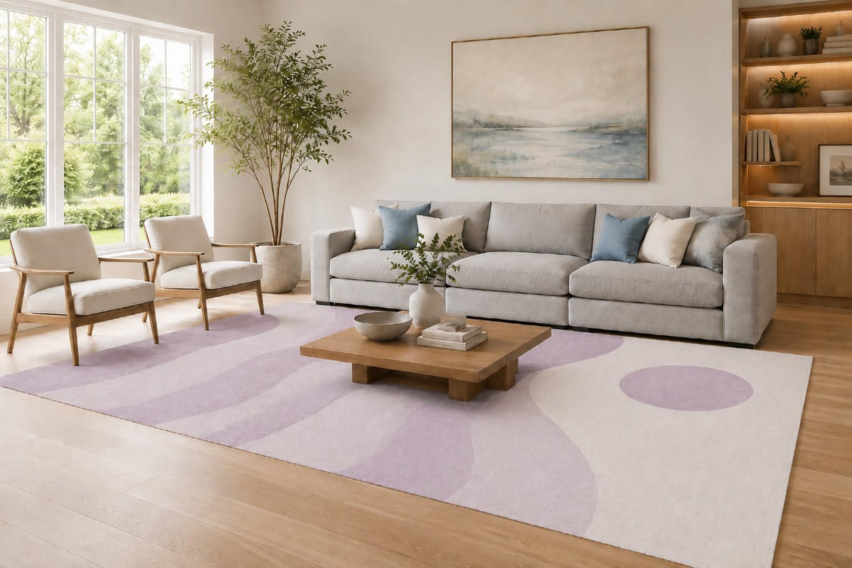 ICE ARMOR Large 6'7" x 9'10" Lavender and Cream Geometric Circle Forms Area Rug for Living Room, Soft Low Pile Carpet with Non-Slip Silicone Backing, Decor for Bedroom and Home Office