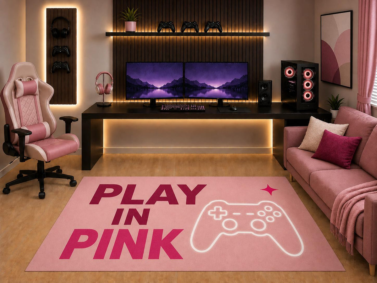 ICE ARMOR "Ultra Light Weight 5' x 7' Play in Pink Gaming Area Rug Controller Graphic Design for Girls Teen Bedroom Gaming Room Playroom Non-Slip Silicone Backing Low Pile